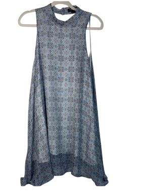 Flowy Blue Geometric Print Sleeveless Shift Dress High Neck Boho Midi sz L